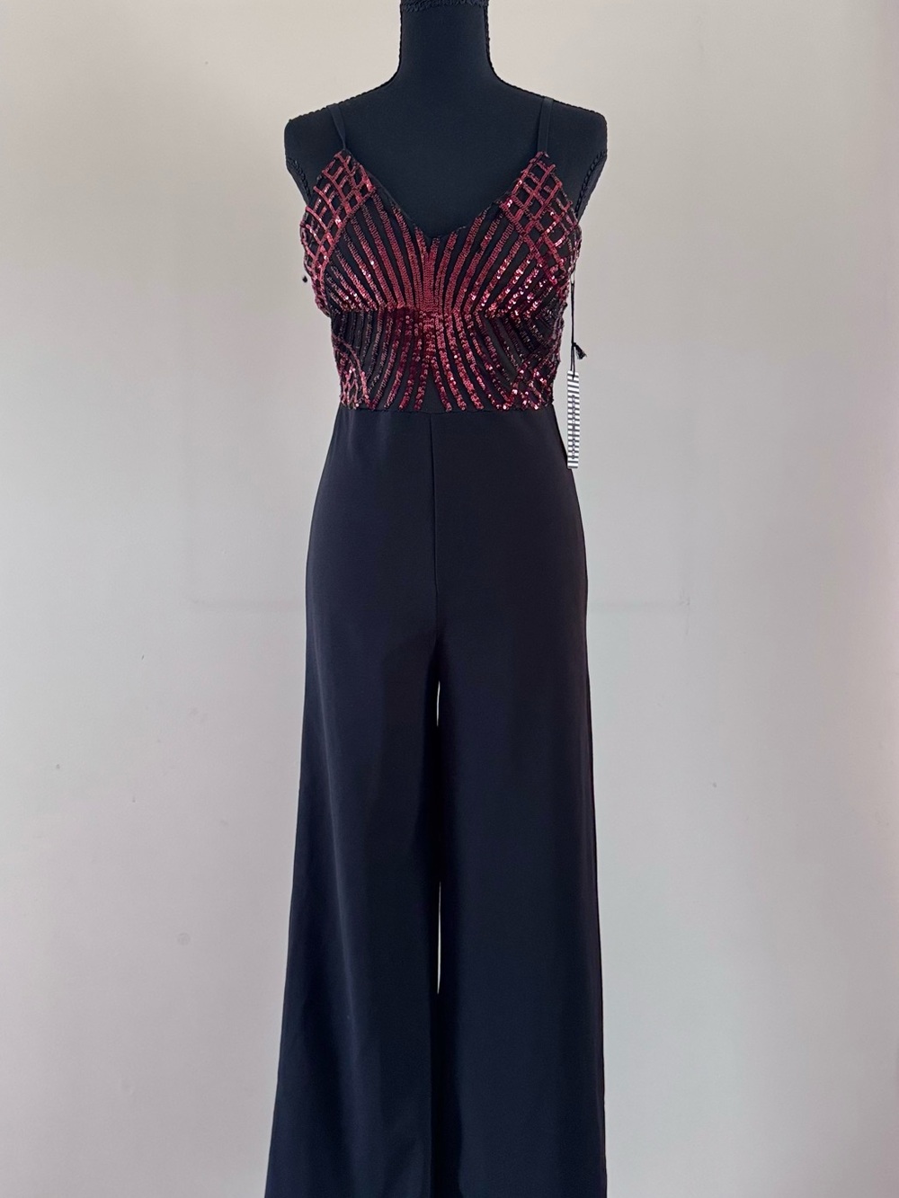 Haute Monde Black Wide-Leg Jumpsuit with Red Sequin Bodice